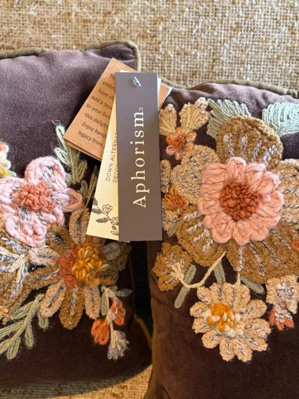 Embroidered Floral Brown Velvet Lumbar Pillow Aphorism 14